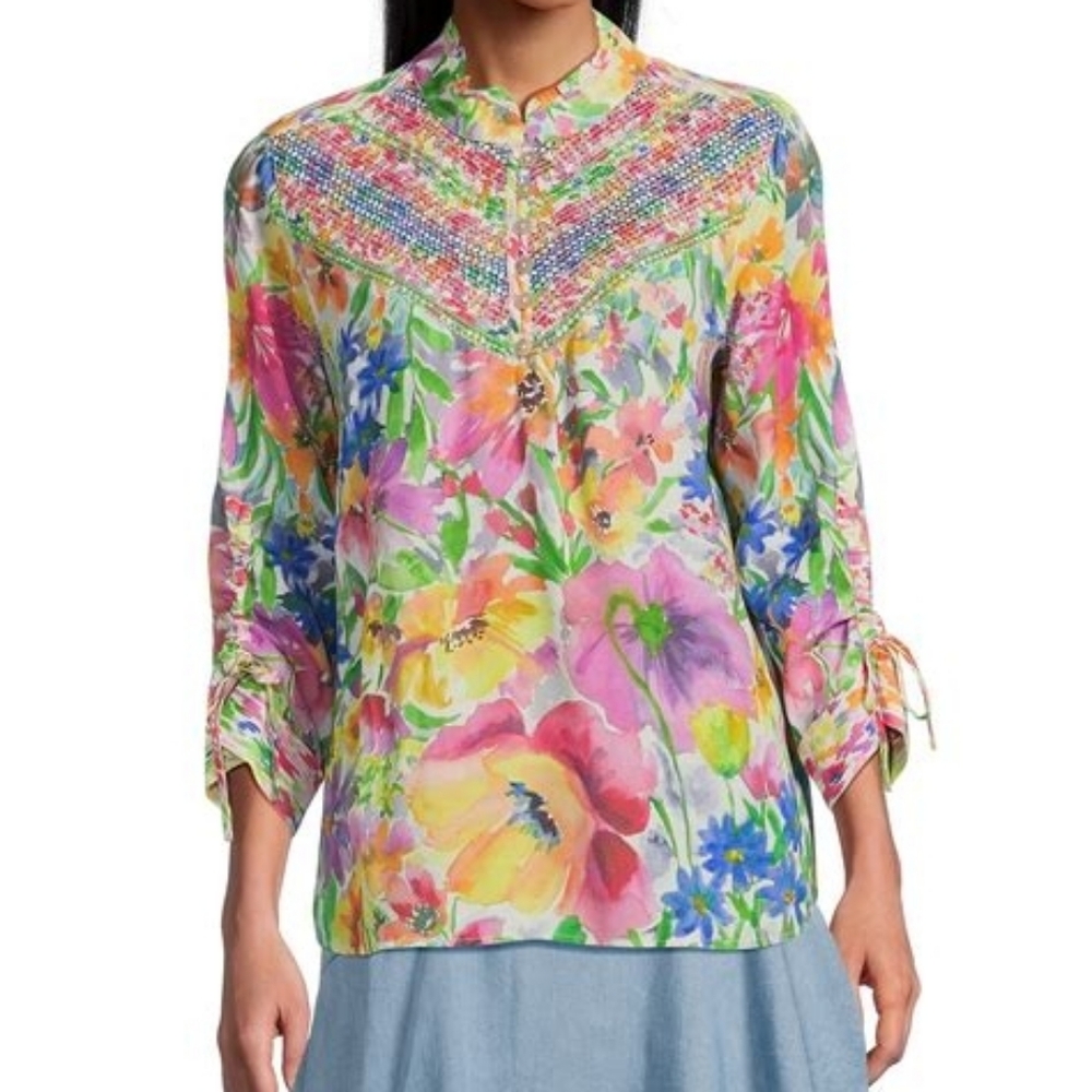 NWT JOHN MARK Floral, 3/4 Cinch Tie Sleeve Springtime Women's (Medium 8-10) Top